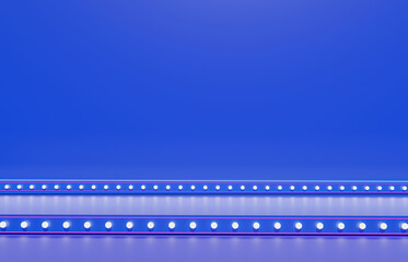 Blue empty stage with fluorescent lamps. Banners of shining parties on the background. 3D render.