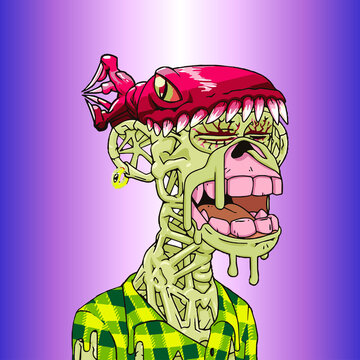 Green mutant zombie ape with lobster hat on purple gradient NFT artwork illustration