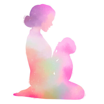 Happy mother's day. Happy mom with her baby silhouette plus abstract watercolor painting with clipping path.