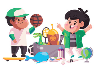 Two kids children friend find toys in box storage play together