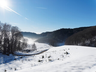 Winter im Zeller Bergland im Südschwarzwald. Kleine romantische Straße zwischen Pfaffenberfg und  Adelsberg bei Schnee und Nebel