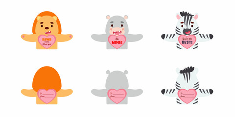 Valentines Day cute animal gift cards candy holder cards for kids. Great gift option school classroom prizes, gift exchange, Valentine party favors, love notes and more. Vector stock illustration