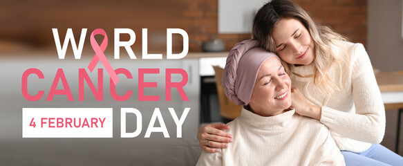 Daughter visiting her mother after chemotherapy at home. World Cancer Day