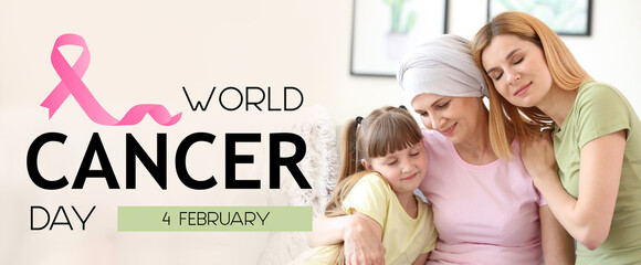 Mature woman after chemotherapy with her family at home. World Cancer Day