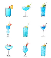 Glasses of Blue Lagoon cocktail on white background