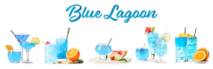Glasses of Blue Lagoon cocktail on white background