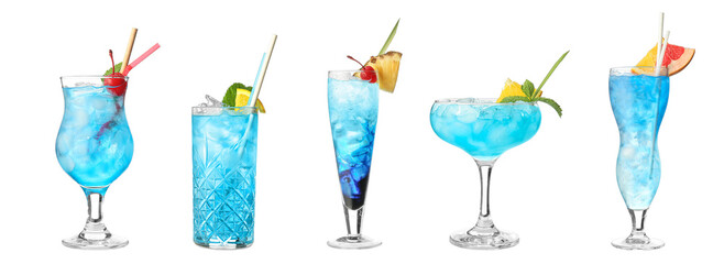 Glass of Blue Lagoon cocktail on white background - obrazy, fototapety, plakaty