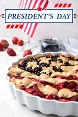 Greeting card for Happy President's Day with American flag pie