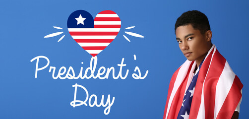 Greeting card for Happy President's Day with African-American teenage boy and USA flag