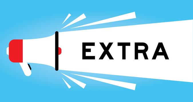 Color megphone icon with word extra in white banner on blue background