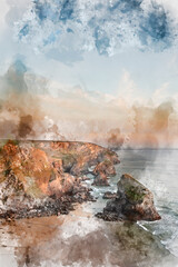 Digital watercolour painting of Beautiful landscape image during Spring golden hour on Cornwall coastline at Bedruthan Steps