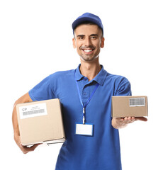 Male courier with parcels on white background