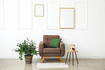 Interior of light living room with armchair, houseplant and coffee table