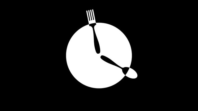 Time to eat. A plate with a clock. White plate with spoon and fork as a watch hand.  Loopable graphic element on black background