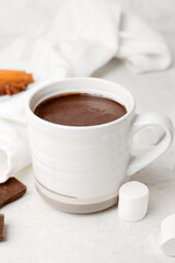 Cup of natural hot chocolate with marshmallow on white background