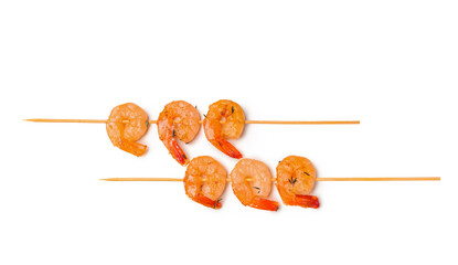 Tasty grilled shrimp skewers on white background