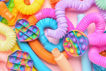 Colorful Pop Tubes and Pop it fidget toys on pink background - obrazy, fototapety, plakaty