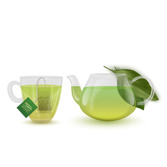 Glass cup with saucer with Green tea and tea bag inside isolated on white background. Hot Green tea, Vector format