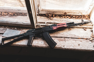 Kalashnikov assault rifle. armed ambush, guerrilla warfare. urban war. Russian ak-74 assault rifle