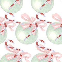 Christmas Tree Balls with ribbon in watercolor pattern