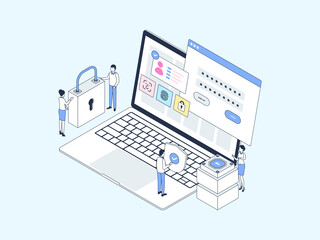 Desktop Login Isometric Illustration Lineal Color. Suitable for Mobile App, Website, Banner, Diagrams, Infographics, and Other Graphic Assets.