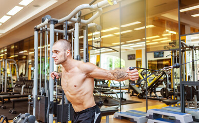 Muscular bodybuilder with naked torso exercises in cable crossovers machine. Fitness men pumping up...