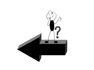 Stick figure and Arrow Vector illustration. Presentations explanation Design element. Big Black Arrow Icon. Thinking about the Right Path. isolated on white background.