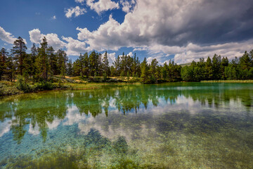A view of the charming Norwegian small forest lake, Jotunheimen National Park in Central Norway