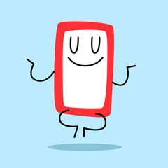 The smartphone character is in a zen pose. He is calm and smiling and meditating. Flying in yoga pose