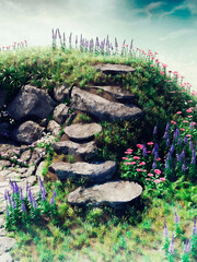 Colorful scene with steps made of rocks on a green, flowering meadow. 3D render. - 477822620