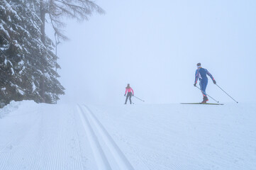 Couple have active time in winter nature, nordic ski photo