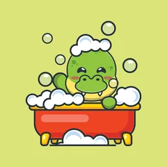Fotobehang Cute dinosaur taking bubble bath in bathtub. Cute cartoon animal illustration. © Artprodite