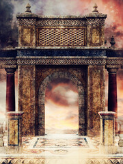 Fantasy scene with an ancient gate with columns in a colorful landscape. 3D render.