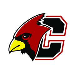 Red cardinal bird with letter C and head of cardinal esport logo on white background Design element for logo, poster, card, banner, emblem, t shirt. Vector illustration. 