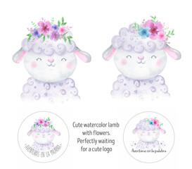 Сute cartoon sheeps, watercolor lamb with flowers. Perfect to baby logo, cute animals illustration for baby room decoration, t-shirt design and many more