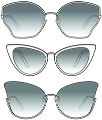 Cat eye sunglass, Glasses, Shades, Sunglasses Set, Eye Accessory. Vector, Silhouettes, Illustration, CAD, Technical Drawing, Flat Drawing.