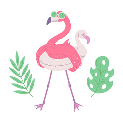 Cute pink flamingo with rubber ring and sunglasses. African bird cartoon flat illustration.