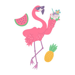 pink flamingo with cocktail and sunglasses. African bird cartoon flat illustration.