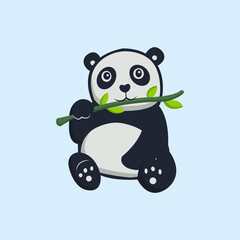 Hand Drawn Cute Panda Holding or Eating Bamboo Flat Illustration