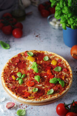 Pizza with salami and basil