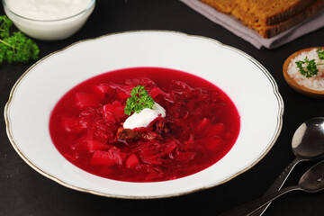 A plate with Ukrainian national dish - borsch	