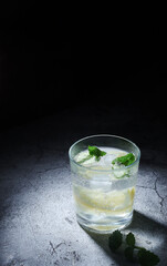 A glass with mineral water with lemon and mint	