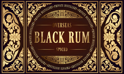 Black Rum - golden ornate retro decorative label