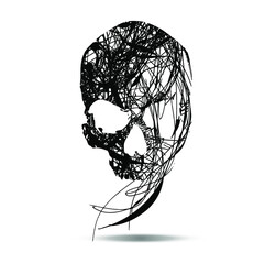 Vector black skull with messy lines isolated on white background.