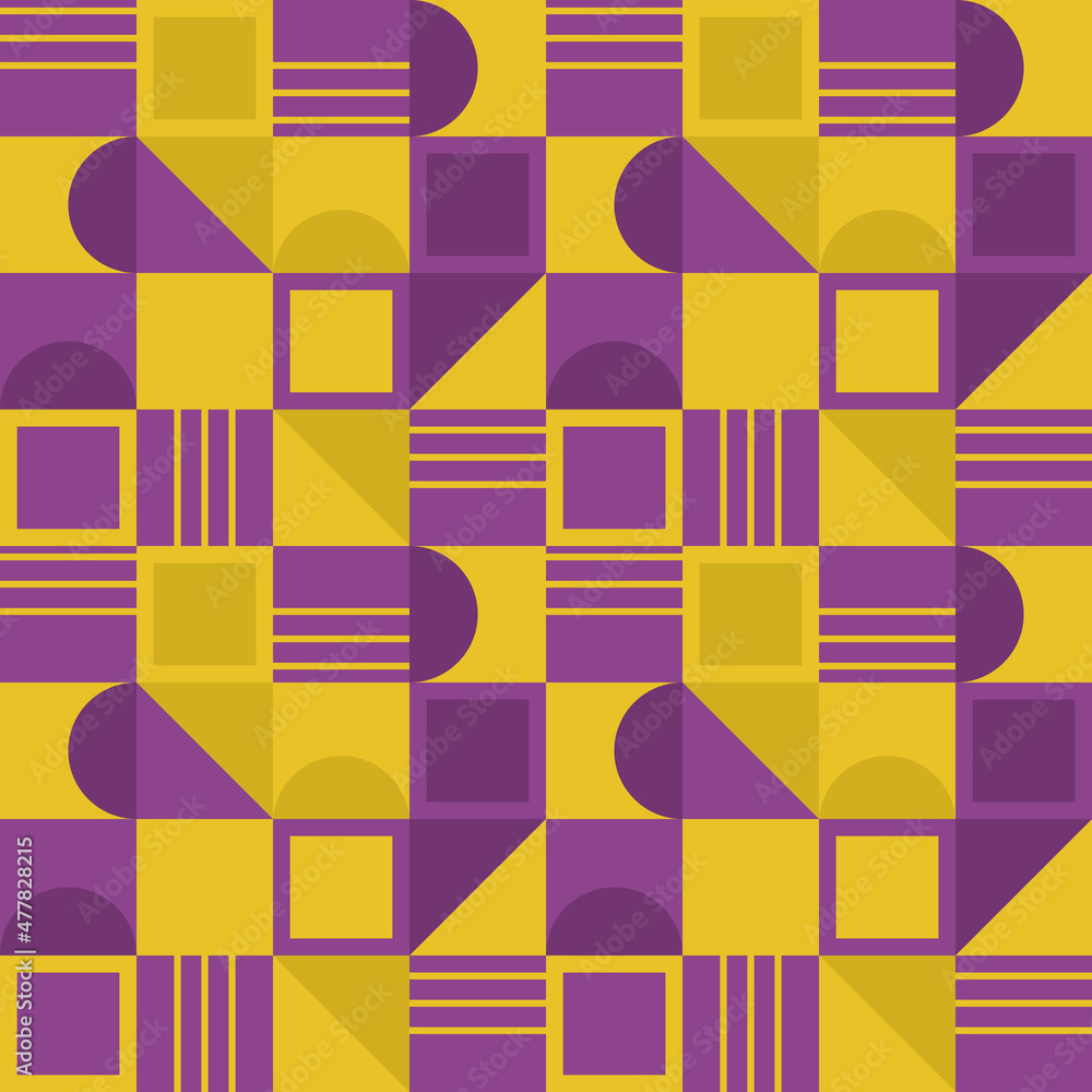 Poster Purple and yellow checkered tiles with abstract shapes on the cells. Checkered design in bright colors and vector.