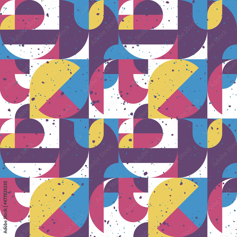 Poster Colored geometry with grunge spots on the surface. Vector with multicolored geometry.