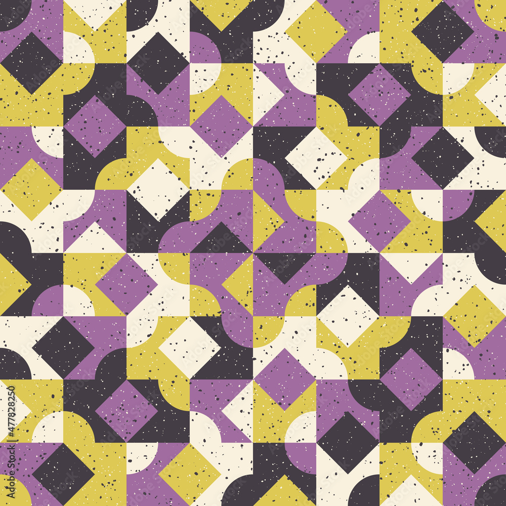 Poster Violet-yellow abstraction with noise. Vector with tiles of rhombuses and squares, avant-garde decor with rounded and angular geometry.