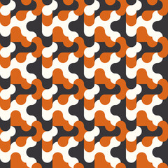 Mosaic orange-white-black ornament. Seamless repeating pattern of rounded shapes reminiscent of
camouflage.