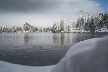 Snow at Strbske pleso, Slovakia. Beautiful Winter nature, Christmas Scenery, white edit space