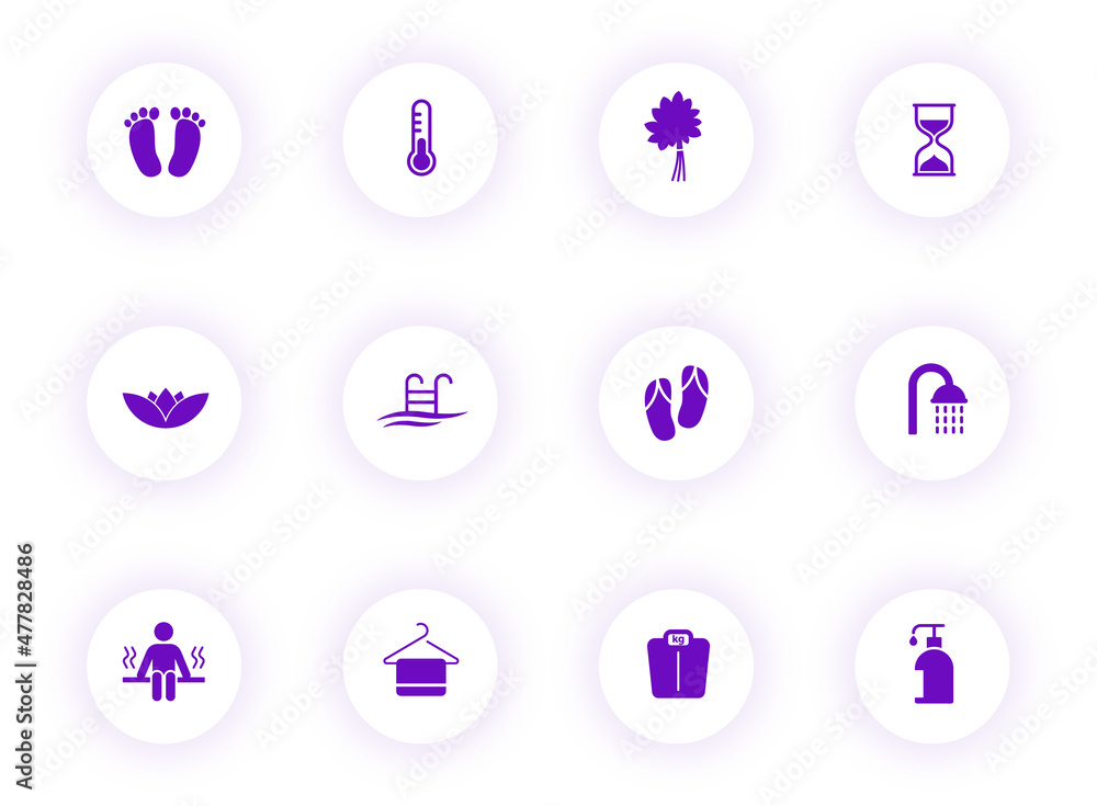 Poster sauna purple color vector icons on light round buttons with purple shadow. sauna icon set for web, m